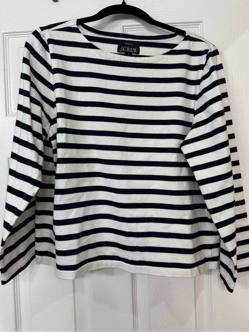 J. Crew Classic Navy and White Striped Boatneck Long-Sleeve Top. Large. NWOT